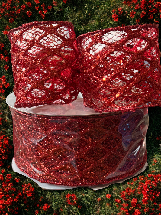 2.5-inch Red Webbed Mesh Glitter Ribbon – 2.5" x 10 Yards