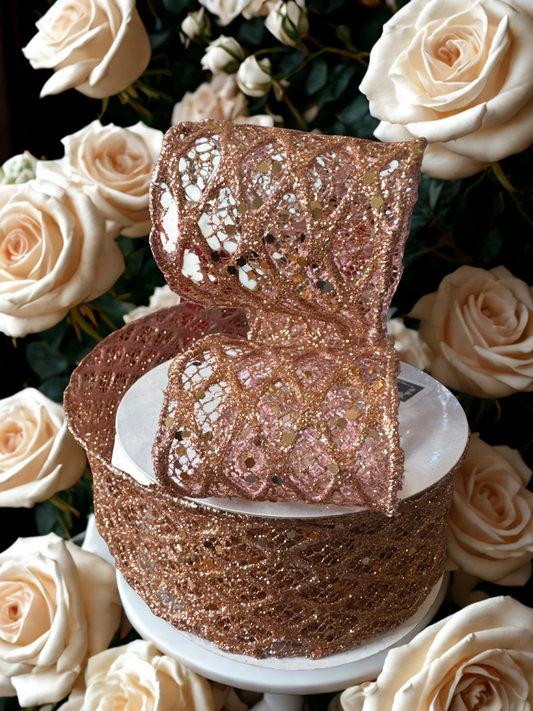 2.5-inch Rose Gold Webbed Mesh Glitter Ribbon – 2.5" x 10 Yards