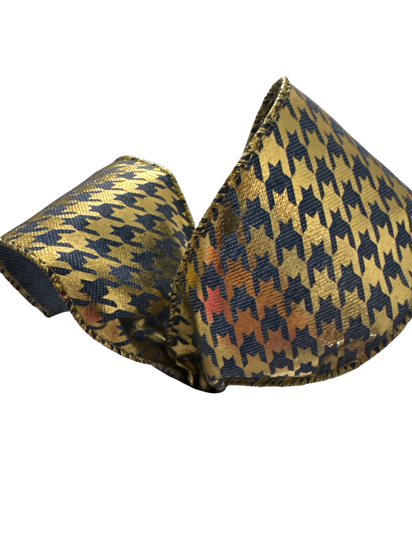 2.5" Denim Wire Edge Ribbon with Gold Overlay and Houndstooth Pattern 2.5" X 10 Yards
