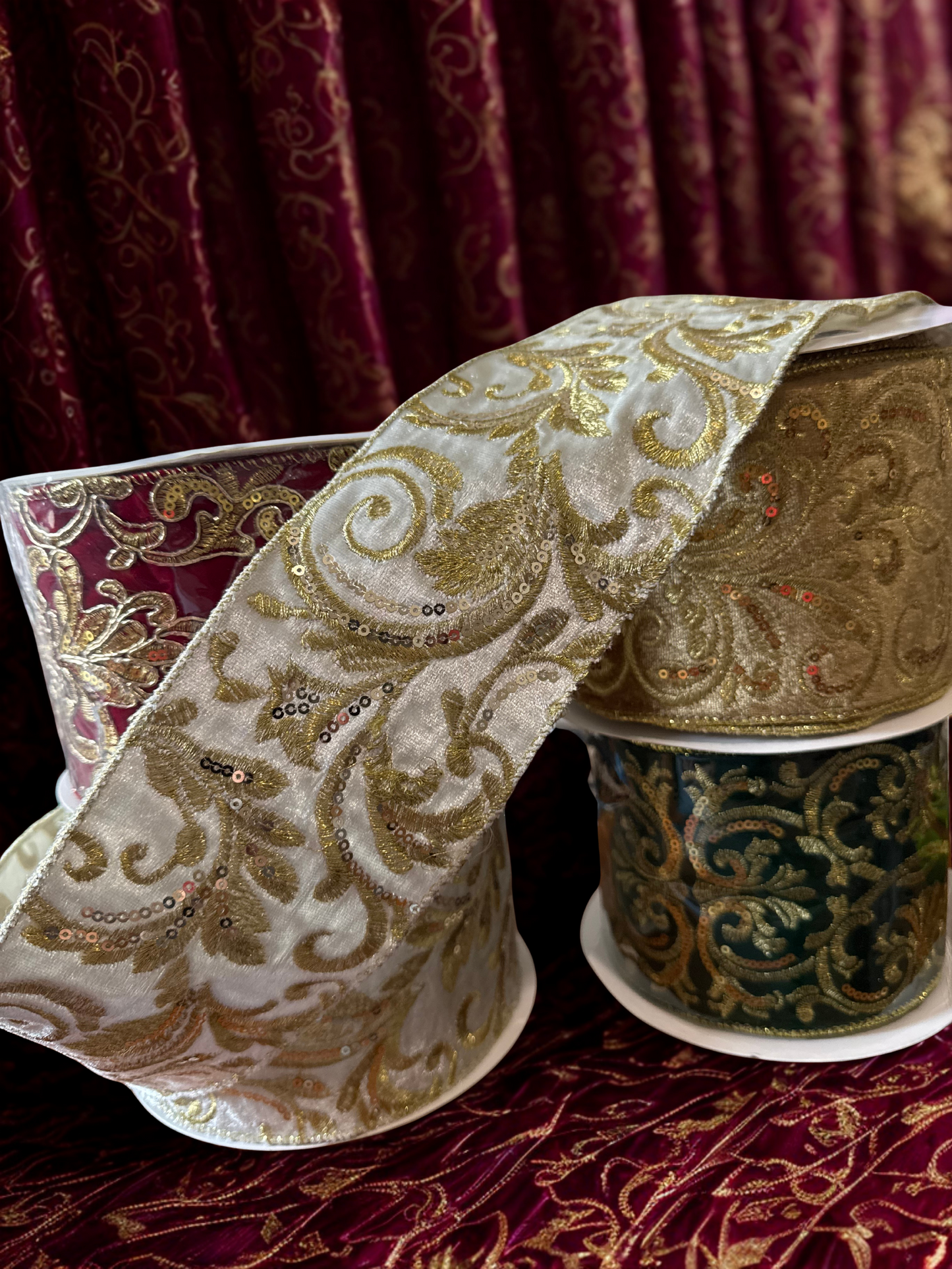 4" Red Velvet Ribbon with Gold Victorian Embroidery – 4" x 10 Yards