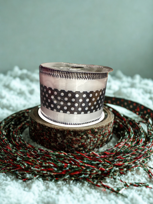 White Satin Ribbon with Black Center & White Polka Dots – 2.5" x 10 Yards