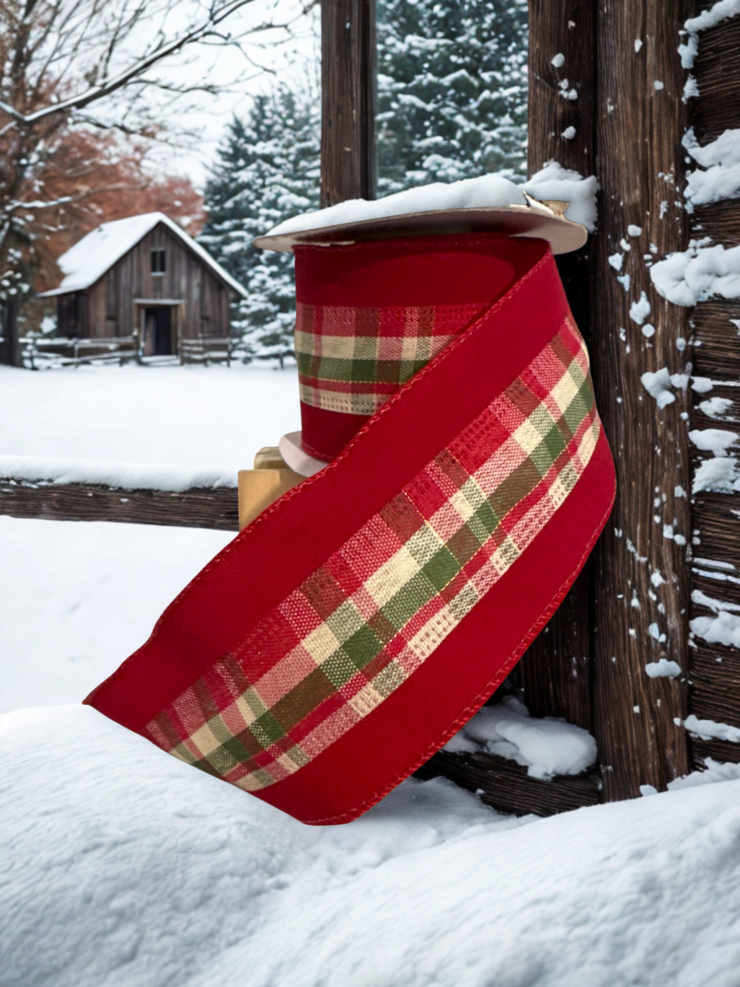 Red Velvet Ribbon with Plaid Center – 2.5" x 10 Yards