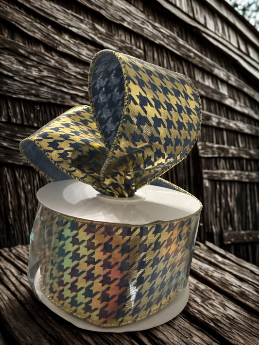 2.5" Denim Wire Edge Ribbon with Gold Overlay and Houndstooth Pattern 2.5" X 10 Yards