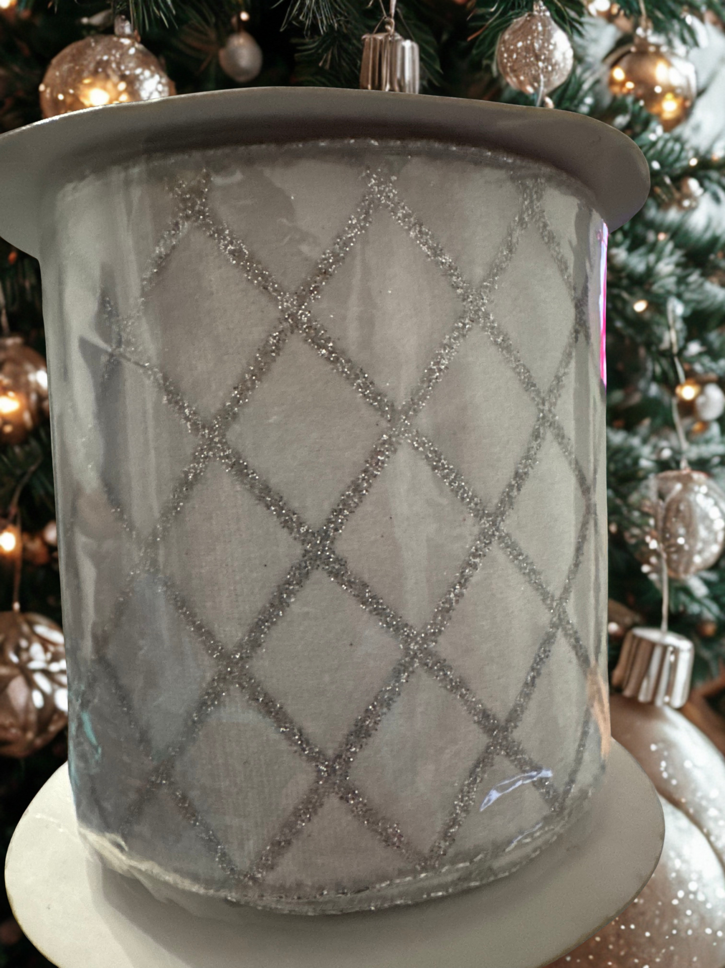 4" White Velvet Wire Edge Ribbon with Silver Glitter Diamond Pattern 10-yard roll