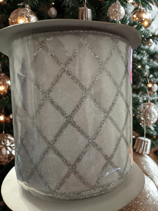 4" White Velvet Wire Edge Ribbon with Silver Glitter Diamond Pattern 10-yard roll