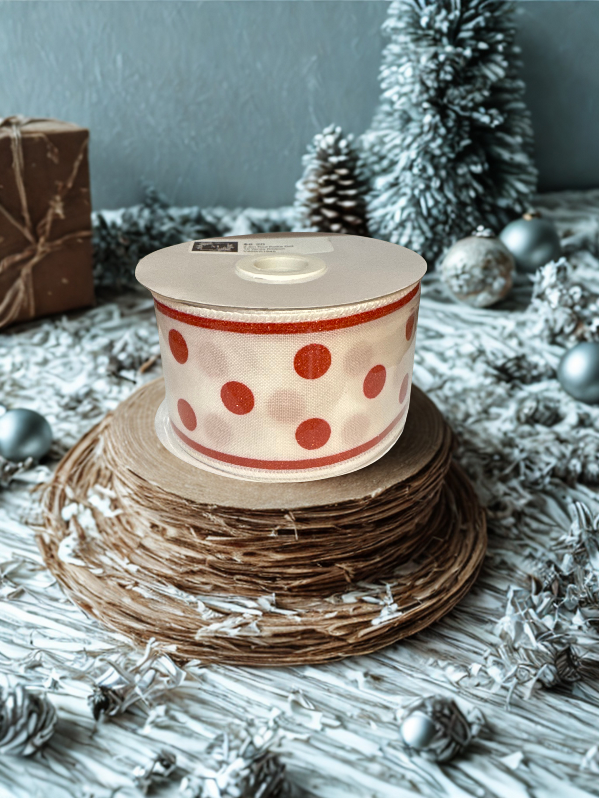 2.5" White Wire Edge Ribbon with Red Glitter Polka Dots and Red Glitter Borders 10-yard roll