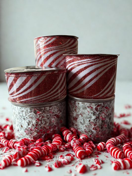 4-inch White Burlap Ribbon with Red Glitter Peppermint Swirl – 4" x 10 Yards