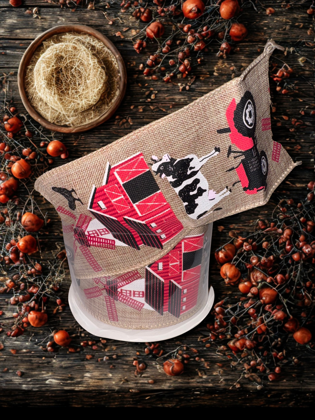 2.5" Farm Style Burlap Ribbon with Chicken, Cow, Barn & Tractor Design 10-yard roll