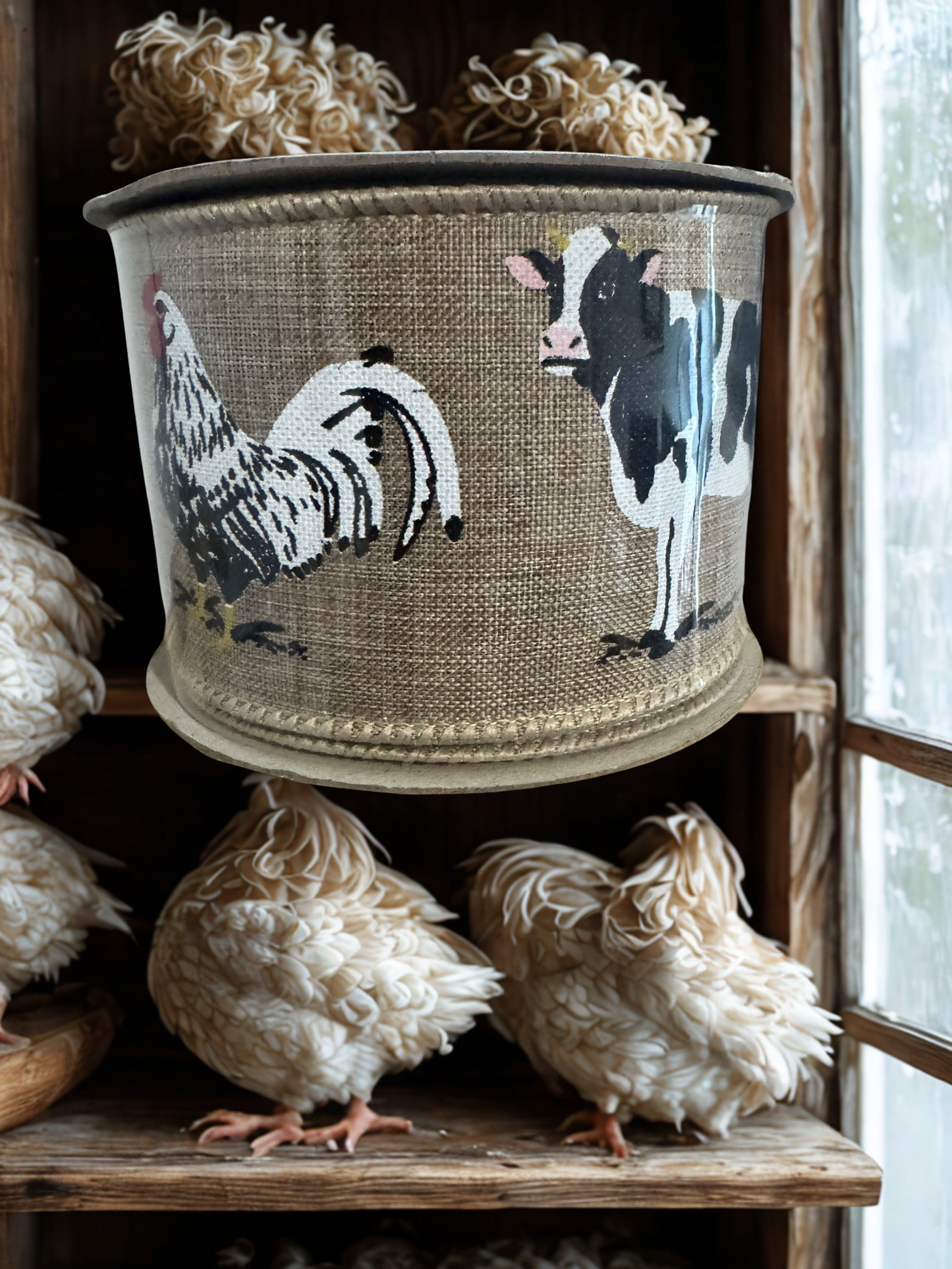 2.5 Inch Rooster, Cow, Pig Fine linen Burlap Wire Edge Ribbon, 10 yard roll