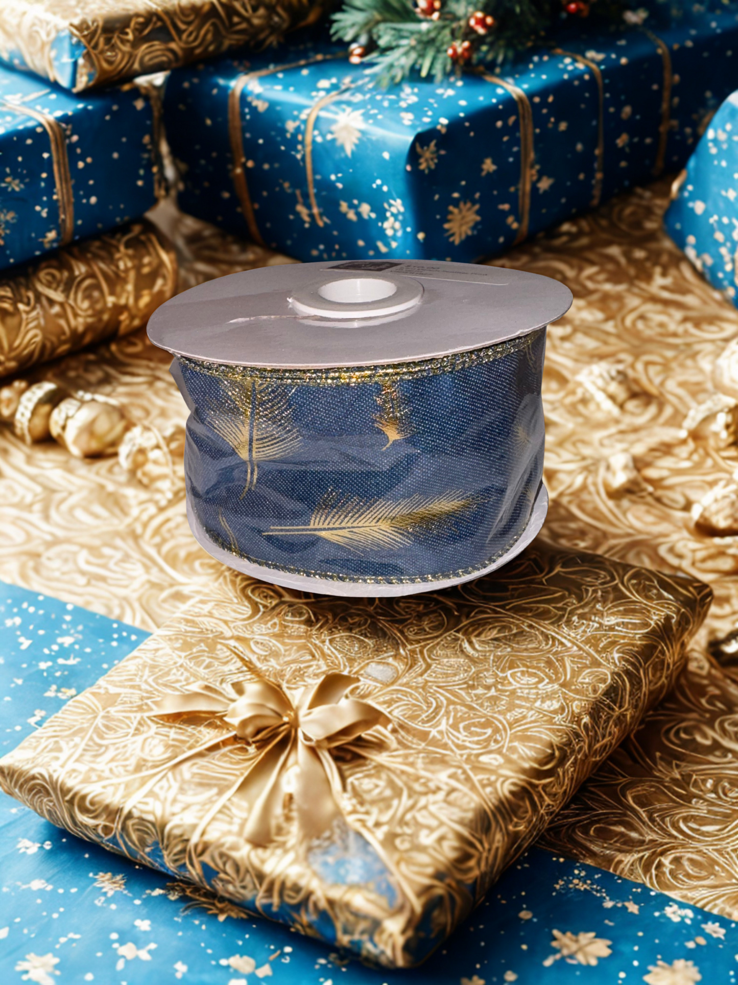 2.5" Denim Wire Edge Ribbon with Gold Feather Design 2.5" X 10 Yards