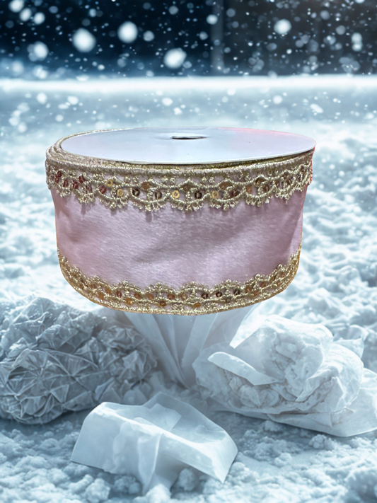 Pink Velvet Ribbon with Gold Embellished Border – 2.5" x 10 Yards