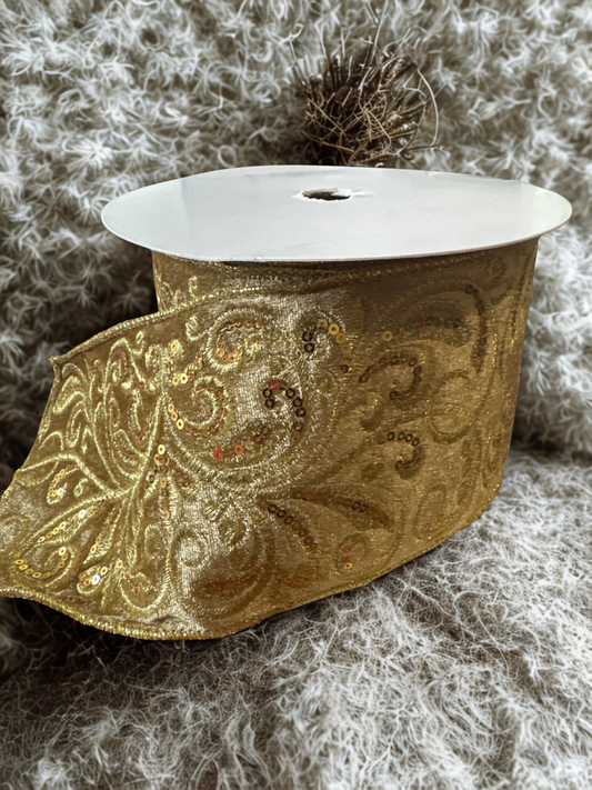 4" Gold Velvet Ribbon with Gold Victorian Embroidery – 4" x 10 Yards