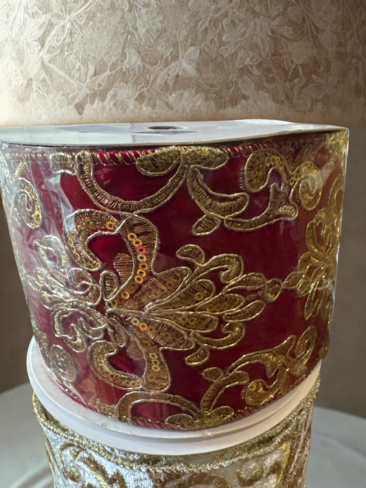 4" Red Velvet Ribbon with Gold Victorian Embroidery – 4" x 10 Yards