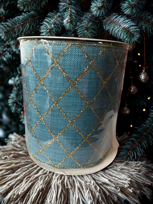 4" Teal Blue Fabric Ribbon with Gold Glitter Diamond Pattern – 4" x 10 Yards